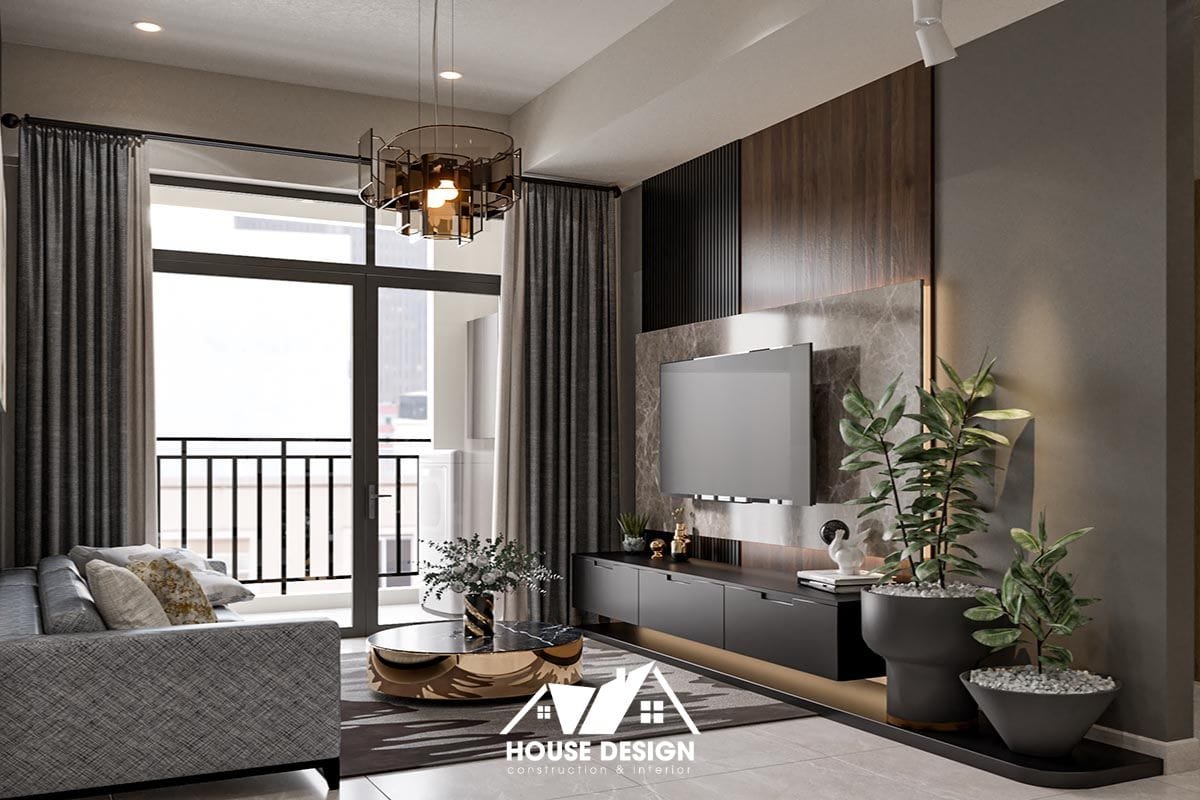 Phòng khách căn hộ 2 phòng ngủ thiết kế hiện đại, tối ưu chi phí