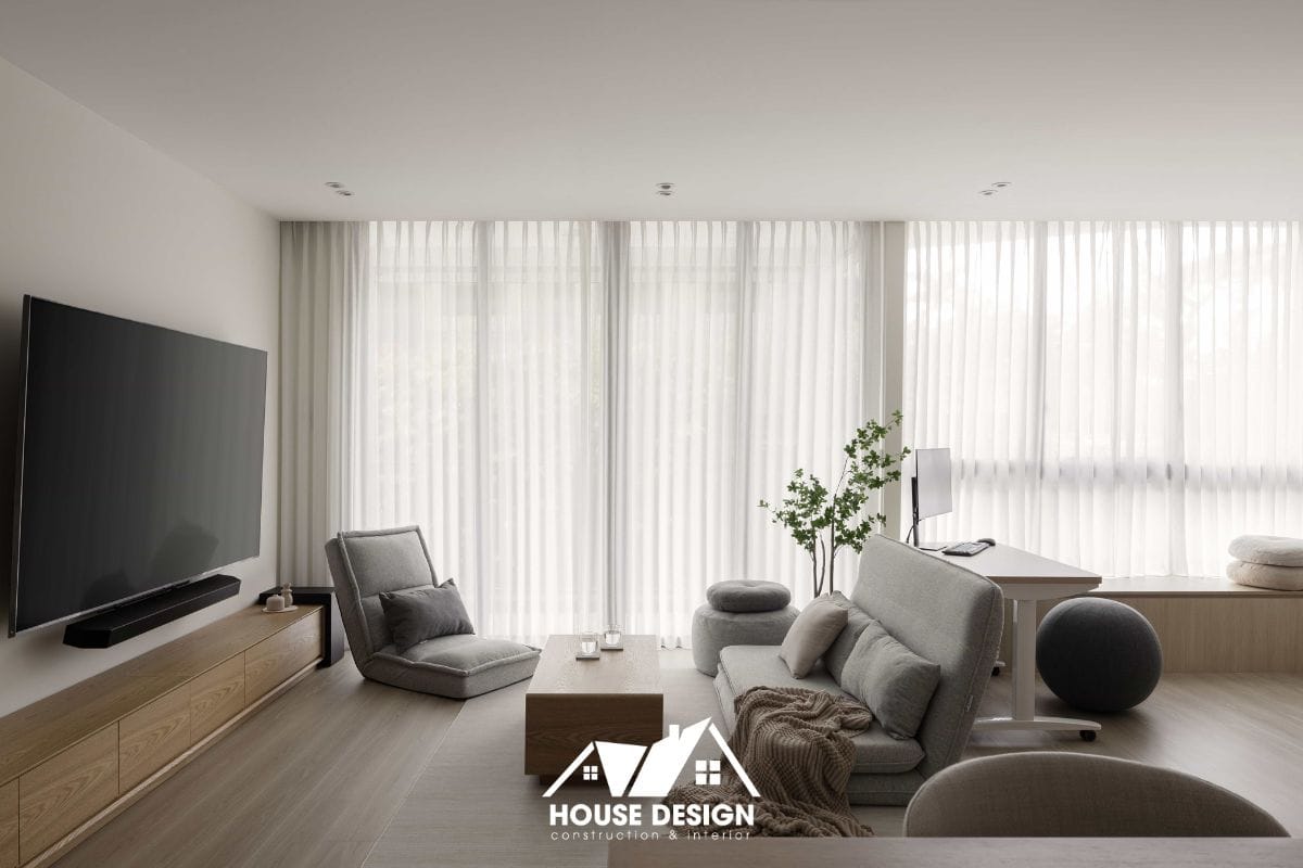 Phòng khách phong cách Thụy Điển với bảng màu trắng, kem và xám pastel