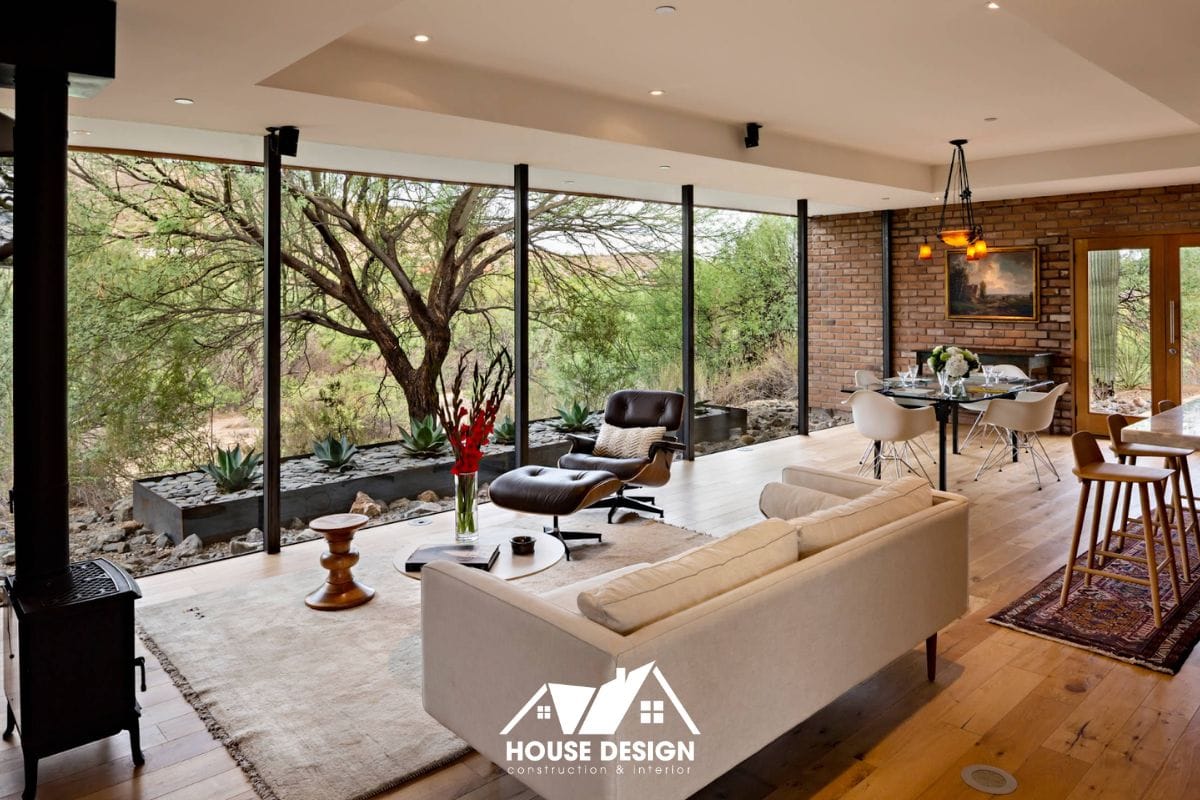 Không gian hiện đại với vật liệu kim loại và kính