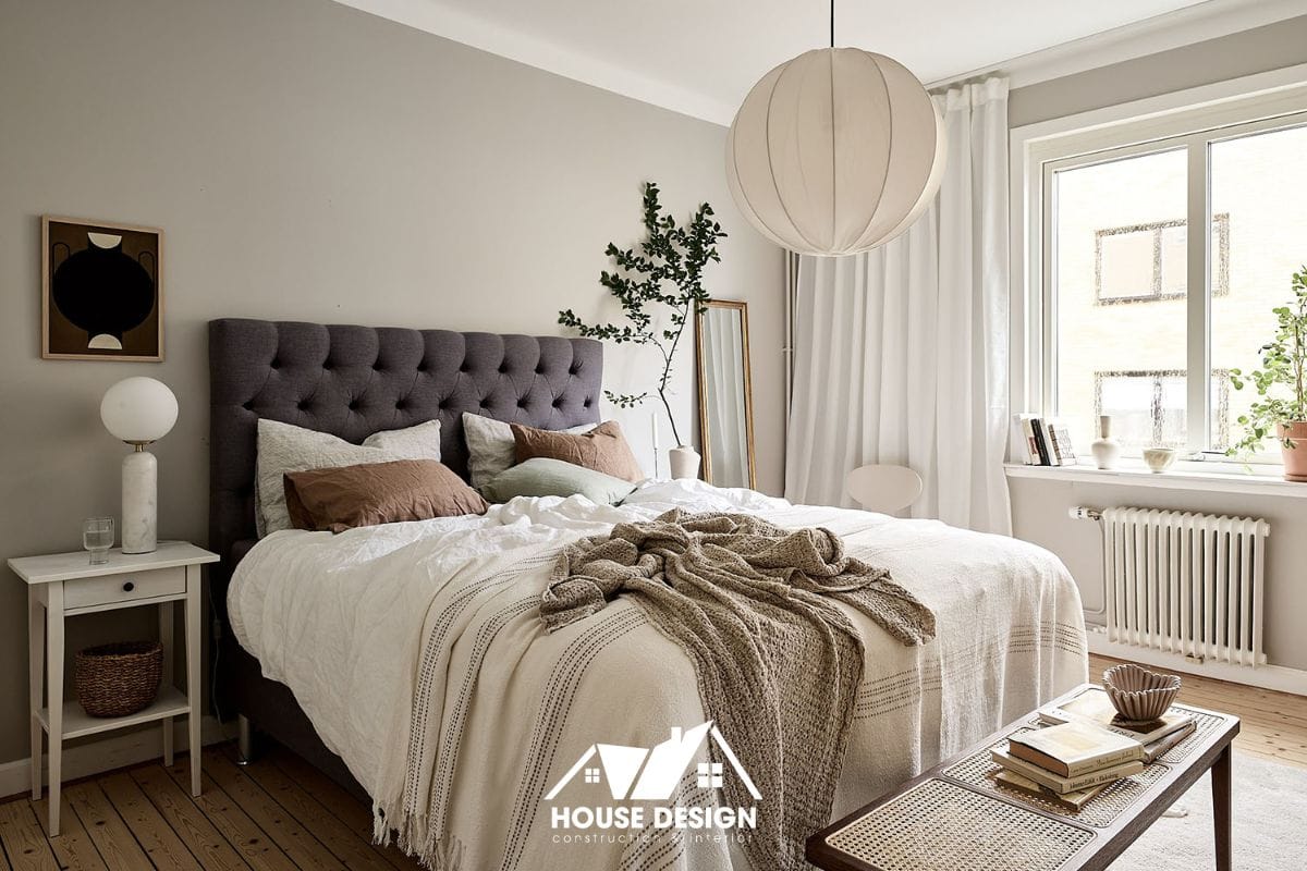 phòng ngủ phong cách Bắc Âu với gam màu be và xám