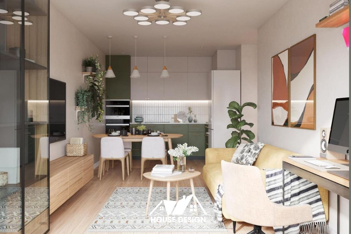 thiết kế bếp mở liền phòng khách hiện đại