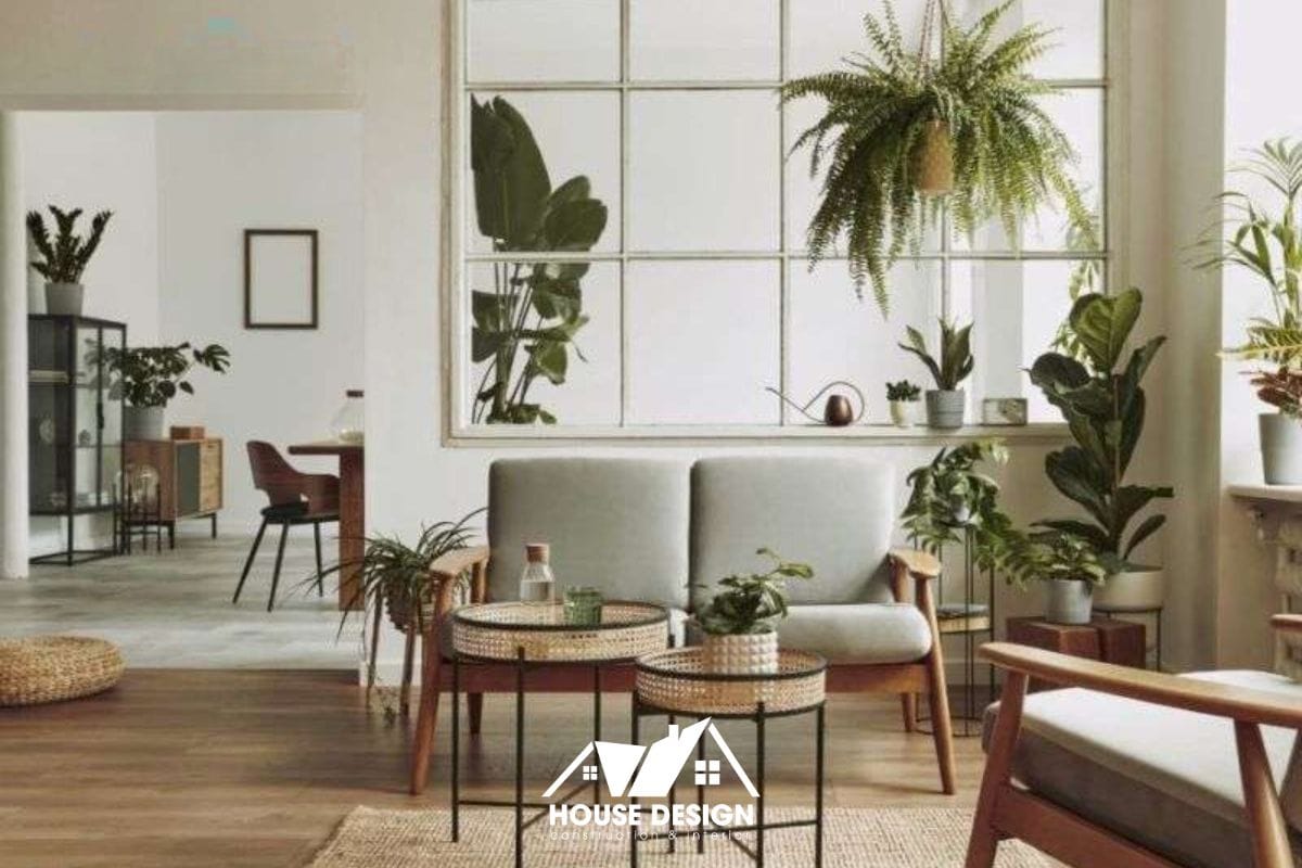 cây xanh và tranh hình học trang trí Scandinavian