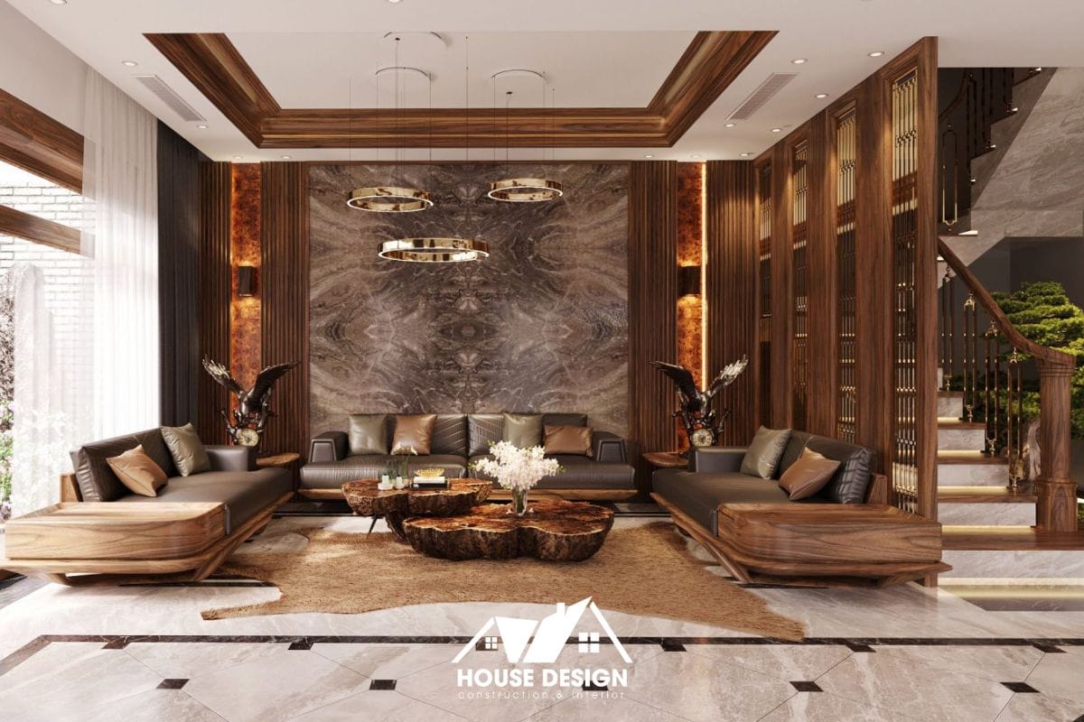 vật liệu gỗ óc chó và đá cẩm thạch trong nội thất tân cổ điển