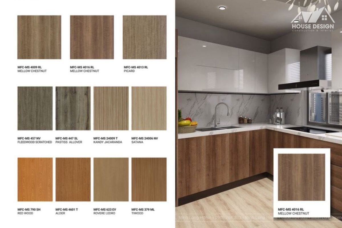 vật liệu MDF Laminate Acrylic tone sáng dùng trong thiết kế tủ bếp hiện đại