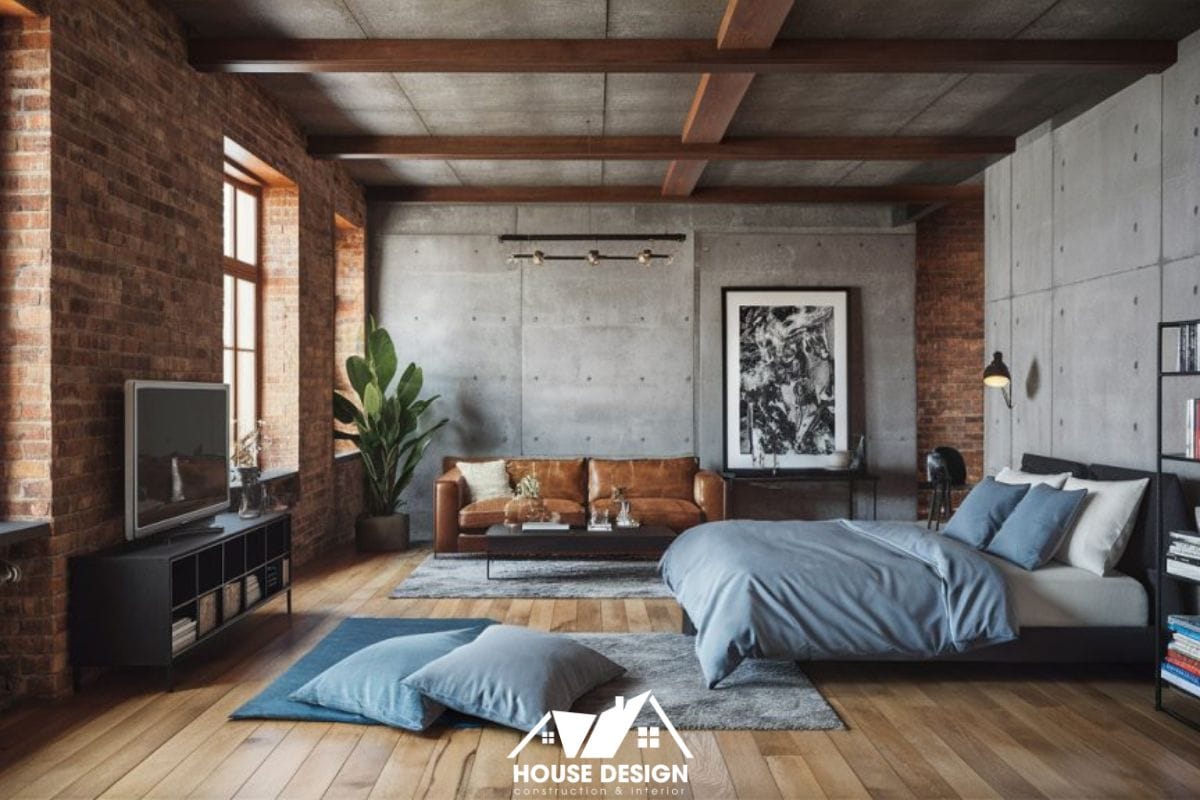 phòng ngủ nhỏ Industrial gạch trần, bê tông