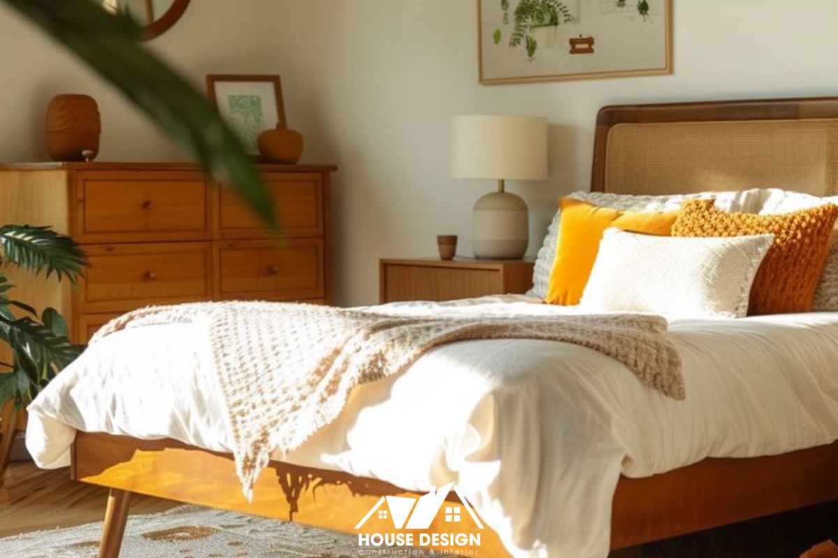 phòng ngủ nhỏ Mid-Century Modern với gỗ walnut