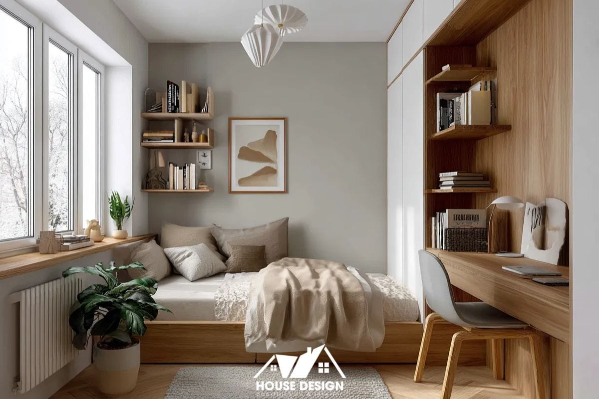 hòng ngủ nhỏ Japandi tinh tế, gần gũi thiên nhiên