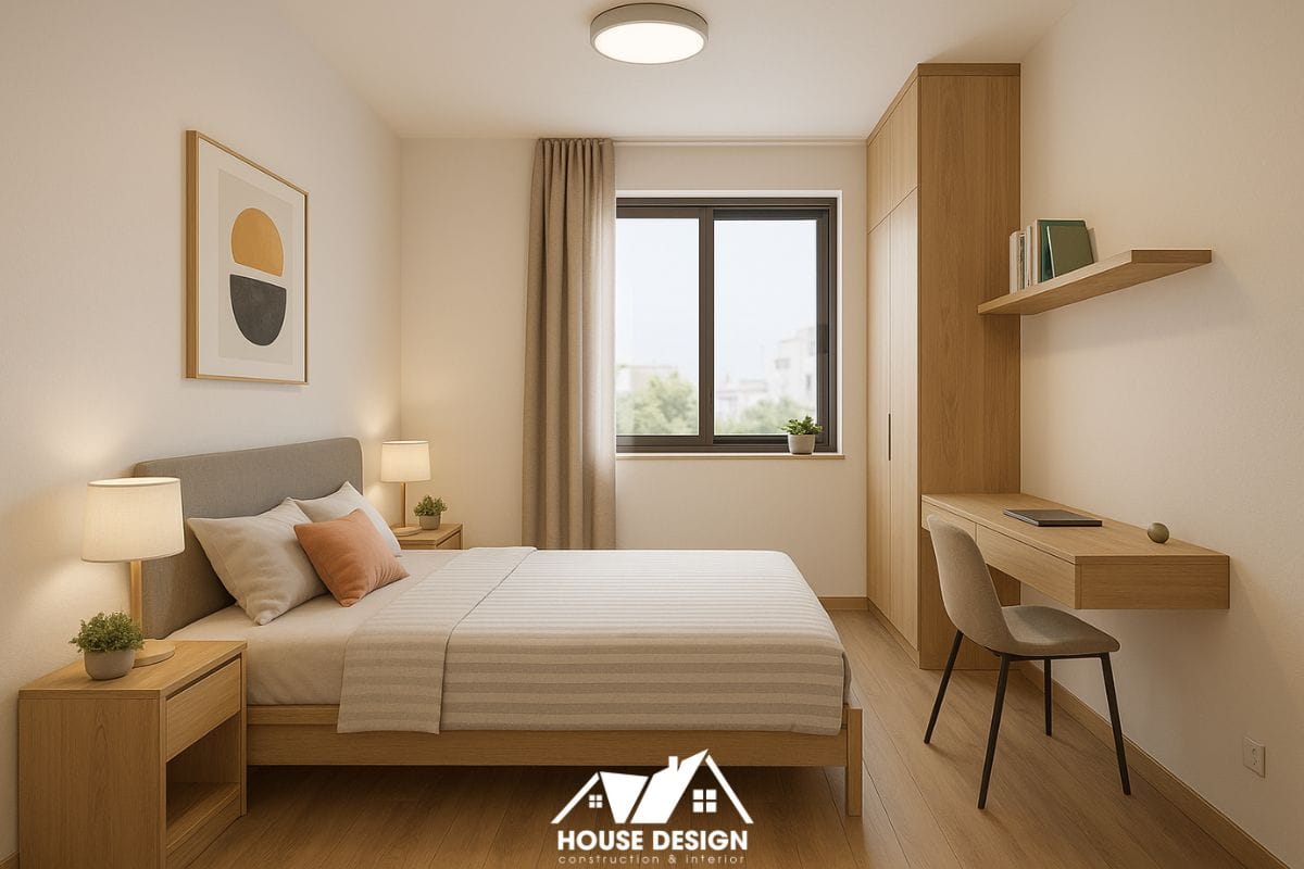 Phòng ngủ nhỏ hiện đại với giường 1,4 m, tủ quần áo sát tường, bàn làm việc treo tường và ánh sáng vàng ấm, thiết kế tối ưu diện tích.