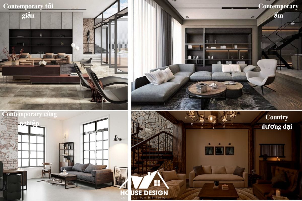 oodboard 4 biến thể của phong cách đương đại: tối giản, ấm áp với gỗ, công nghiệp nhẹ và country đương đại.