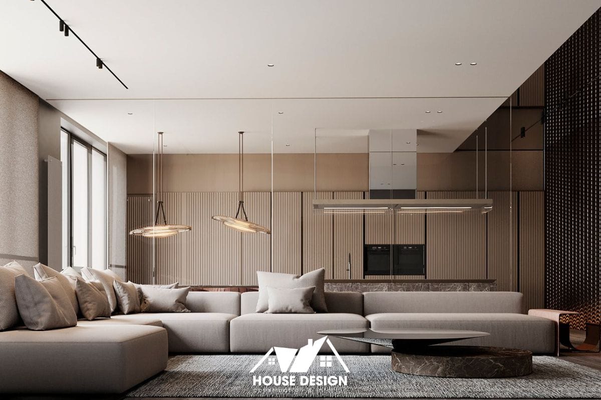 Mẫu thiết kế nội thất phòng khách phong cách đương đại, nổi bật với sofa đường cong mềm mại và điểm nhấn màu sắc tinh tế.