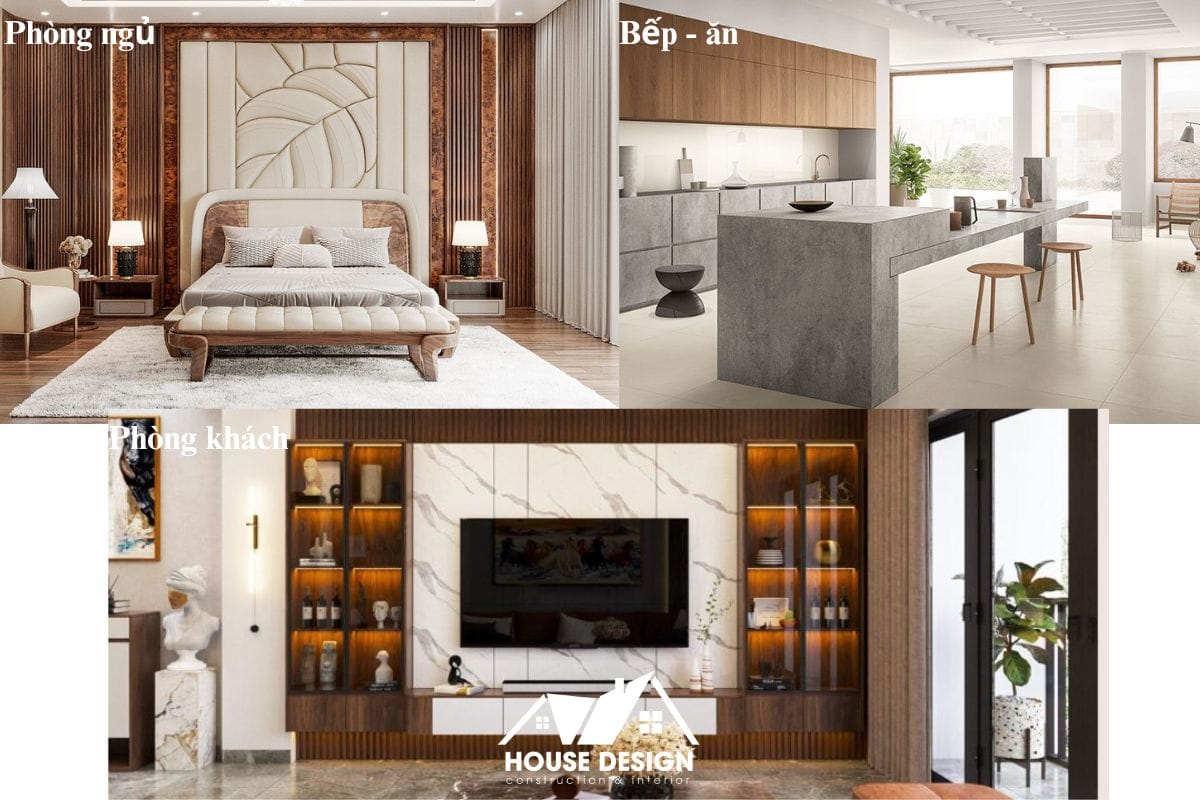 Ứng dụng phong cách thiết kế đương đại trong các không gian nhà ở, bao gồm phòng khách, bếp và phòng ngủ.