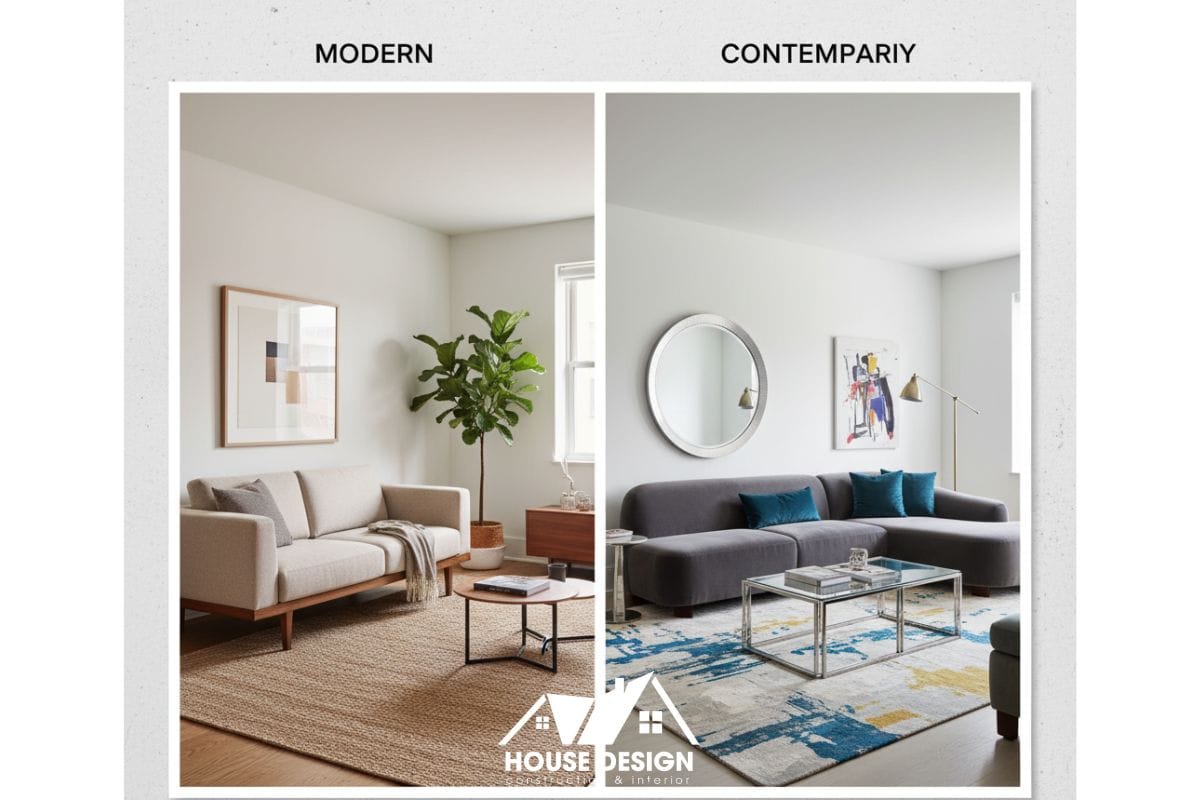So sánh trực quan sự khác biệt giữa phong cách nội thất Hiện đại (Modern) và Đương đại (Contemporary) qua hai không gian phòng khách.