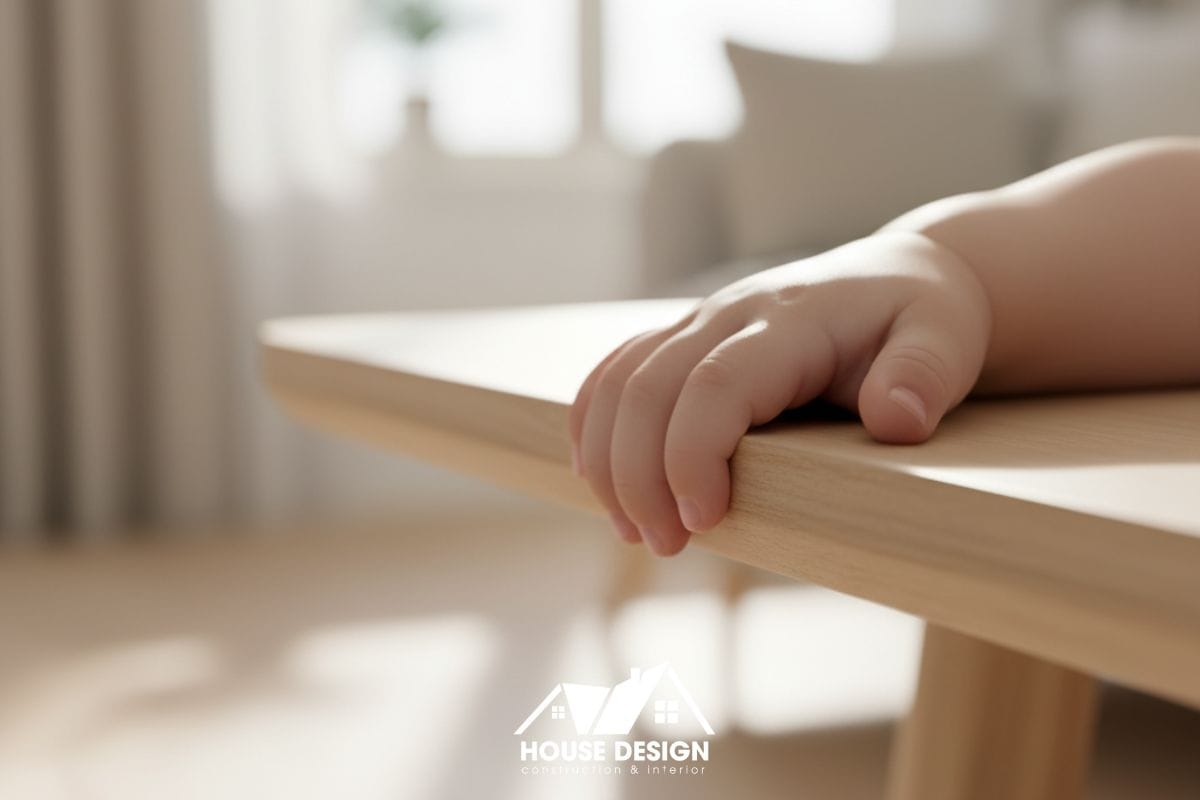 Chi tiết cạnh bàn được bo tròn, một kinh nghiệm thiết kế nội thất chung cư an toàn và thân thiện với trẻ nhỏ.