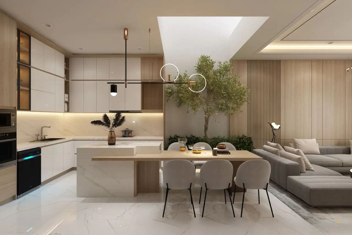 Giải pháp nội thất thông minh như tủ âm tường kịch trần giúp tiết kiệm chi phí và tối ưu không gian lưu trữ hiệu quả.