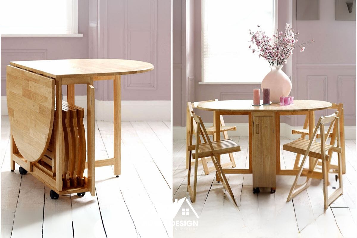 Mẫu bàn ăn thông minh có thể mở rộng, một kinh nghiệm thiết kế nội thất chung cư giúp không gian linh hoạt hơn.