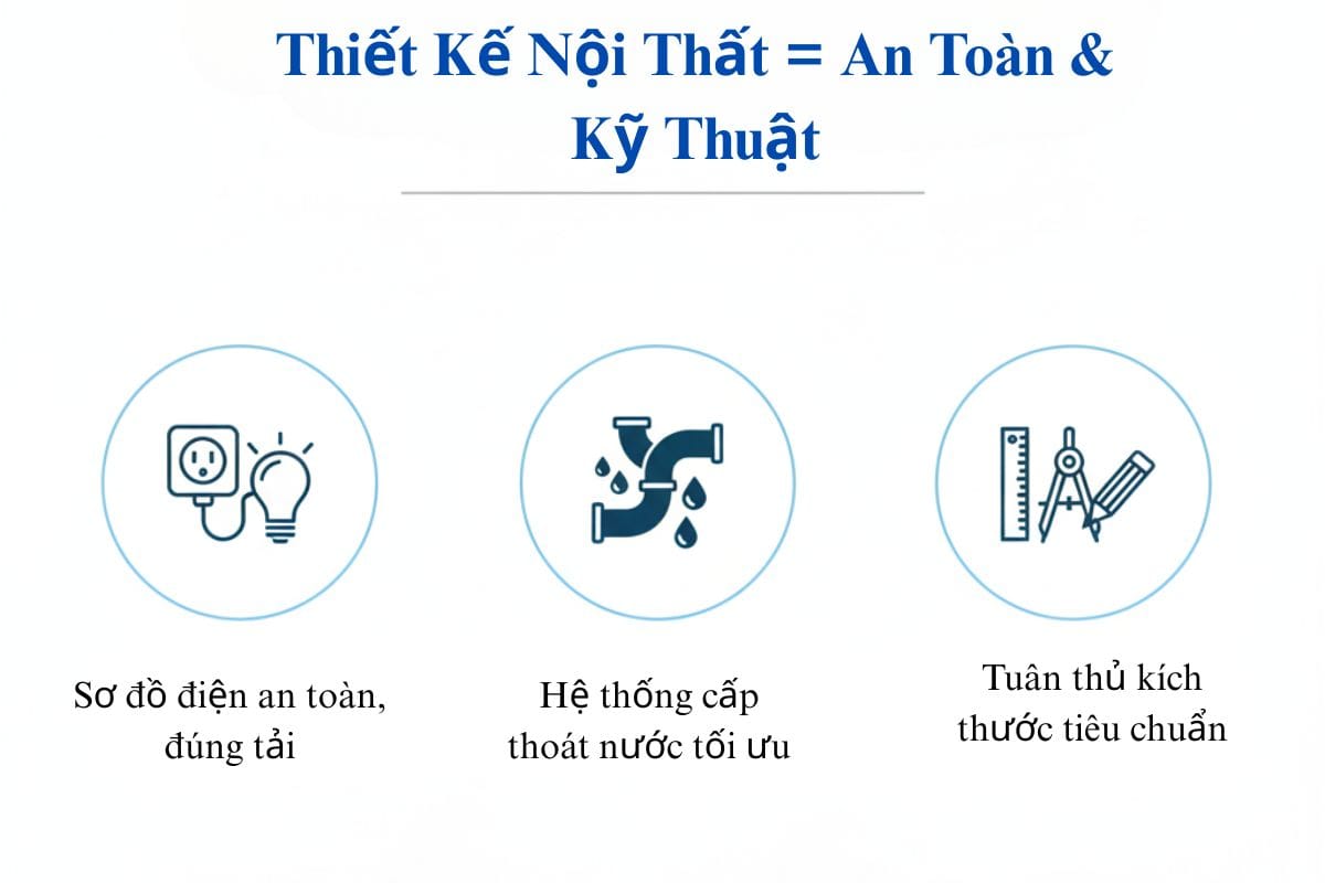 Infographic về các tiêu chuẩn kỹ thuật và an toàn trong thiết kế nội thất, bao gồm hệ thống điện, nước và PCCC.