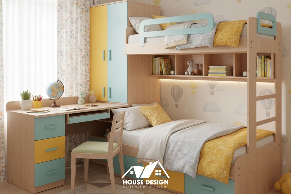 Mẫu thiết kế giường tầng kết hợp bàn học và tủ quần áo, giải pháp tối ưu diện tích cho phòng trẻ em trong căn hộ chung cư.