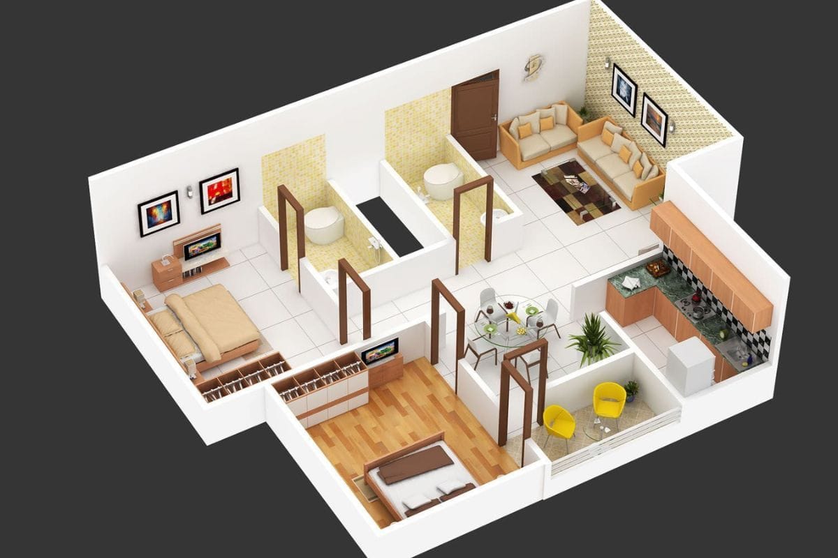 Bản vẽ mặt bằng 3D thể hiện cách thiết kế nội thất tối ưu công năng và luồng di chuyển khoa học trong một căn hộ.