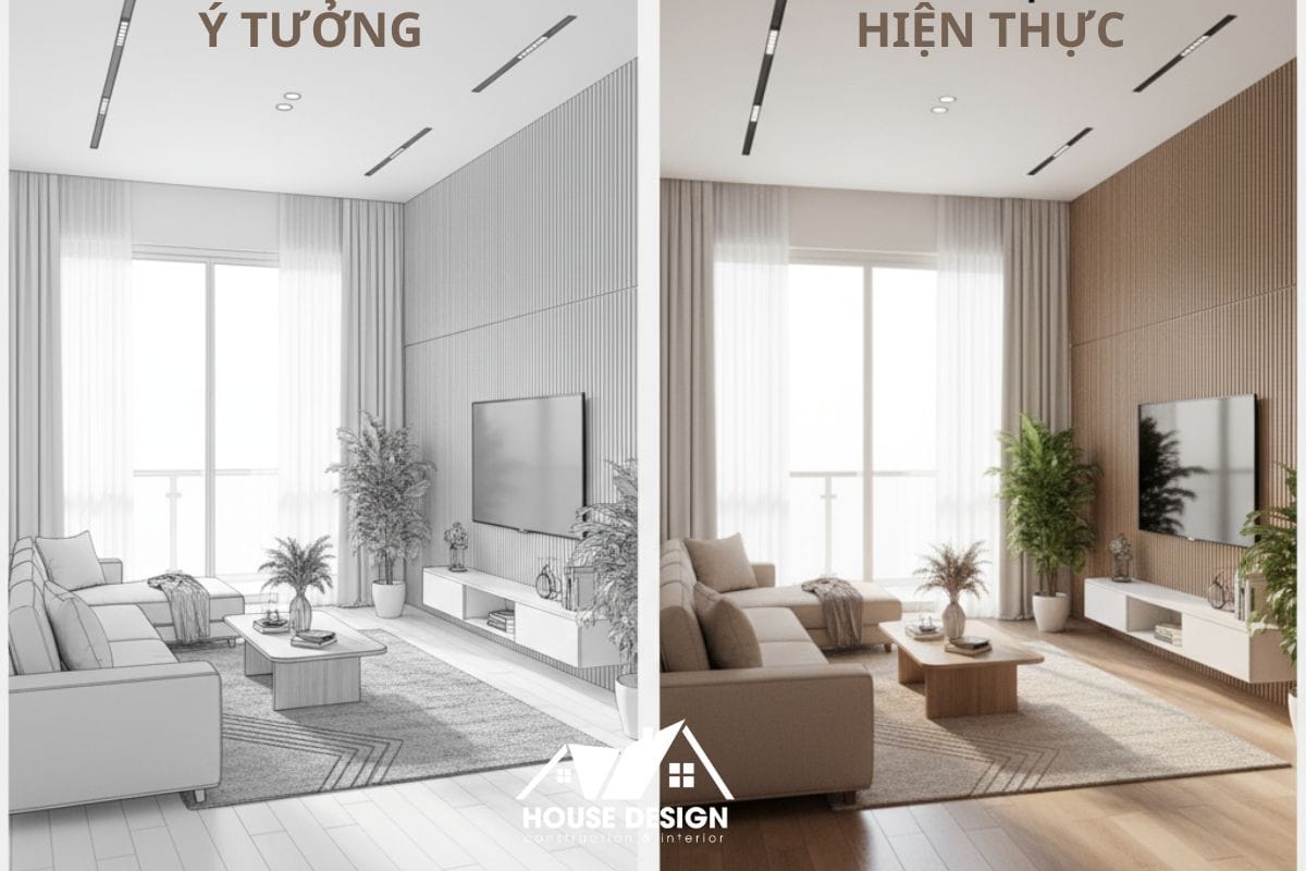 So sánh bản vẽ 3D thiết kế nội thất và hình ảnh thi công thực tế của House Design, cho thấy sự đồng nhất tuyệt đối.