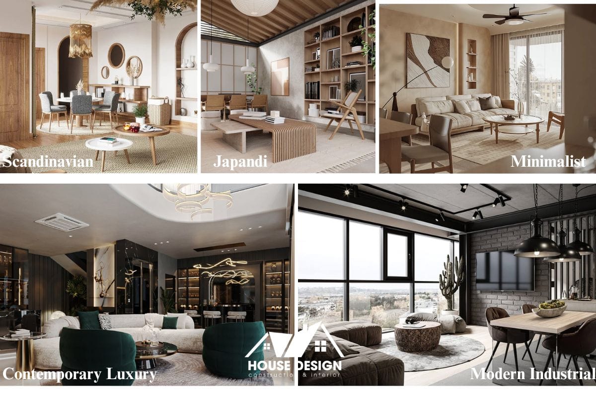 Moodboard 5 phong cách thiết kế phù hợp cho phòng khách nhỏ: Scandinavian, Japandi, Minimalist, Contemporary Luxury và Modern Industrial.