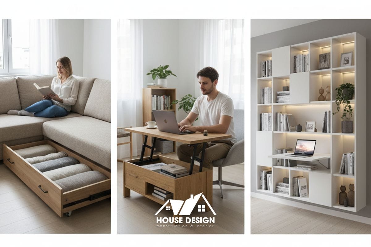 Ảnh ghép các giải pháp nội thất thông minh cho phòng khách nhỏ, bao gồm sofa có ngăn chứa, bàn trà nâng hạ và kệ treo tường.