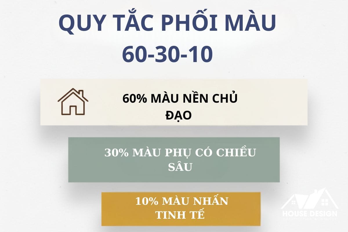 Infographic hướng dẫn quy tắc phối màu 60-30-10 để trang trí phòng khách nhỏ, với 60% màu nền, 30% màu phụ và 10% màu nhấn.