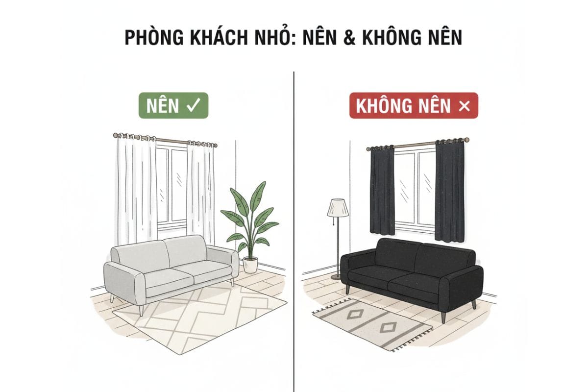 Infographic so sánh những điều nên và không nên làm khi trang trí phòng khách nhỏ, như chọn sofa chân cao thay vì sofa bệt cồng kềnh.