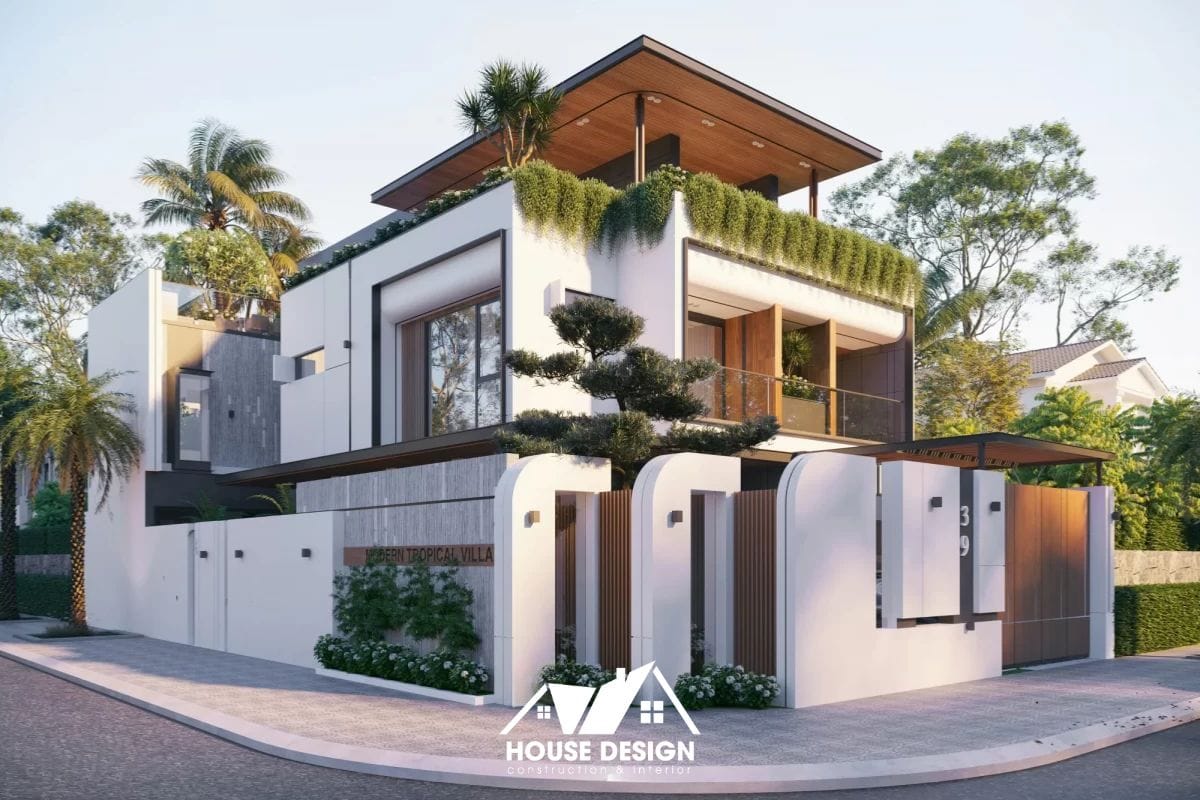 mặt tiền nhà cấp 4 cải tạo phong cách Tropical Modern với cây xanh và lam chắn nắng