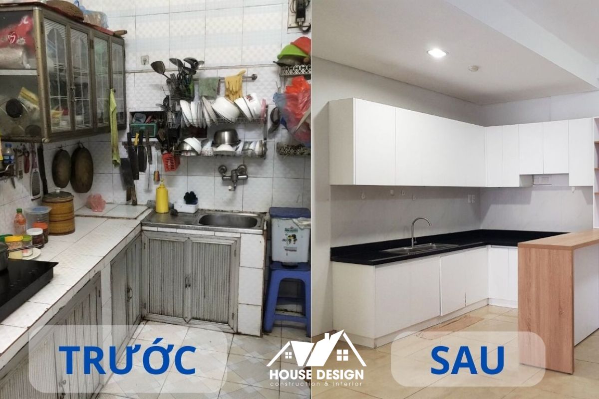 So sánh không gian bếp trước và sau khi cải tạo, từ cũ kỹ, chật hẹp sang hiện đại, tối ưu công năng.