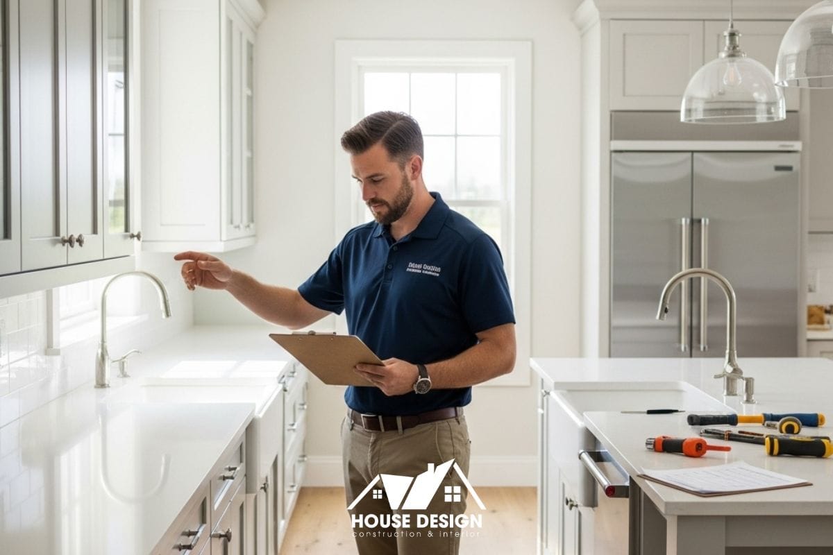 Kỹ sư của House Design đang sử dụng checklist để nghiệm thu chất lượng hoàn thiện của công trình cải tạo.