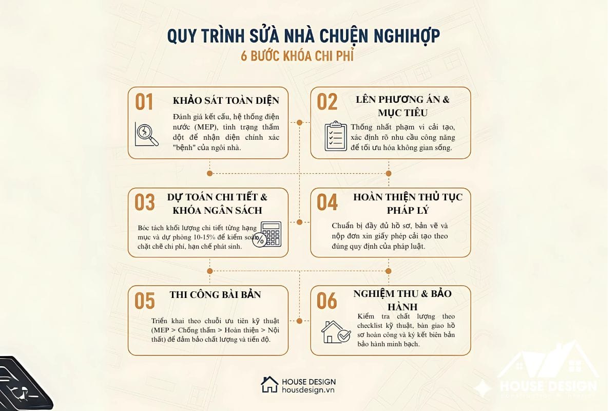 Infographic tóm tắt quy trình 6 bước cải tạo nhà cũ và khóa chi phí của House Design, bao gồm khảo sát, dự toán, thi công và nghiệm thu.