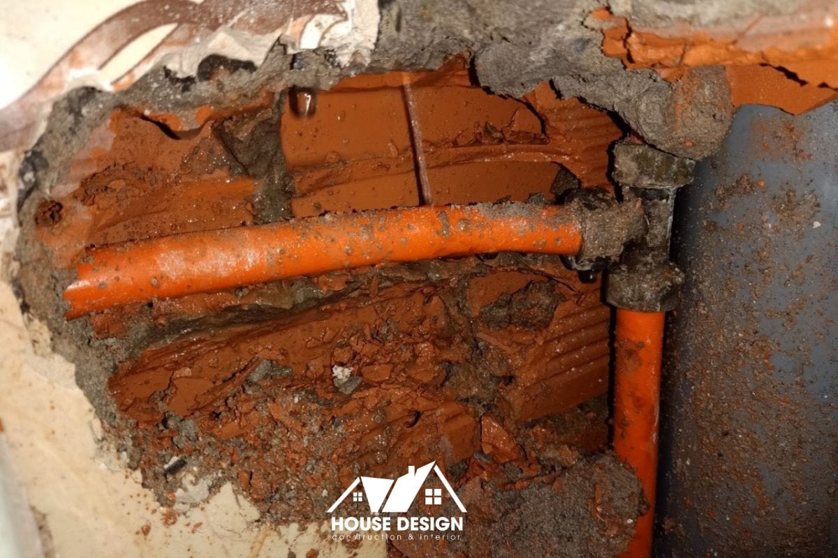 Hình ảnh một đường ống nước cũ bị rò rỉ được phát hiện sau khi phá dỡ tường, một rủi ro tiềm ẩn thường gặp.