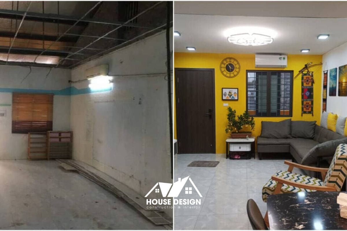 Hình ảnh trước và sau khi cải tạo nhà tập thể cũ bởi House Design, cho thấy sự lột xác từ không gian cũ kỹ sang hiện đại.