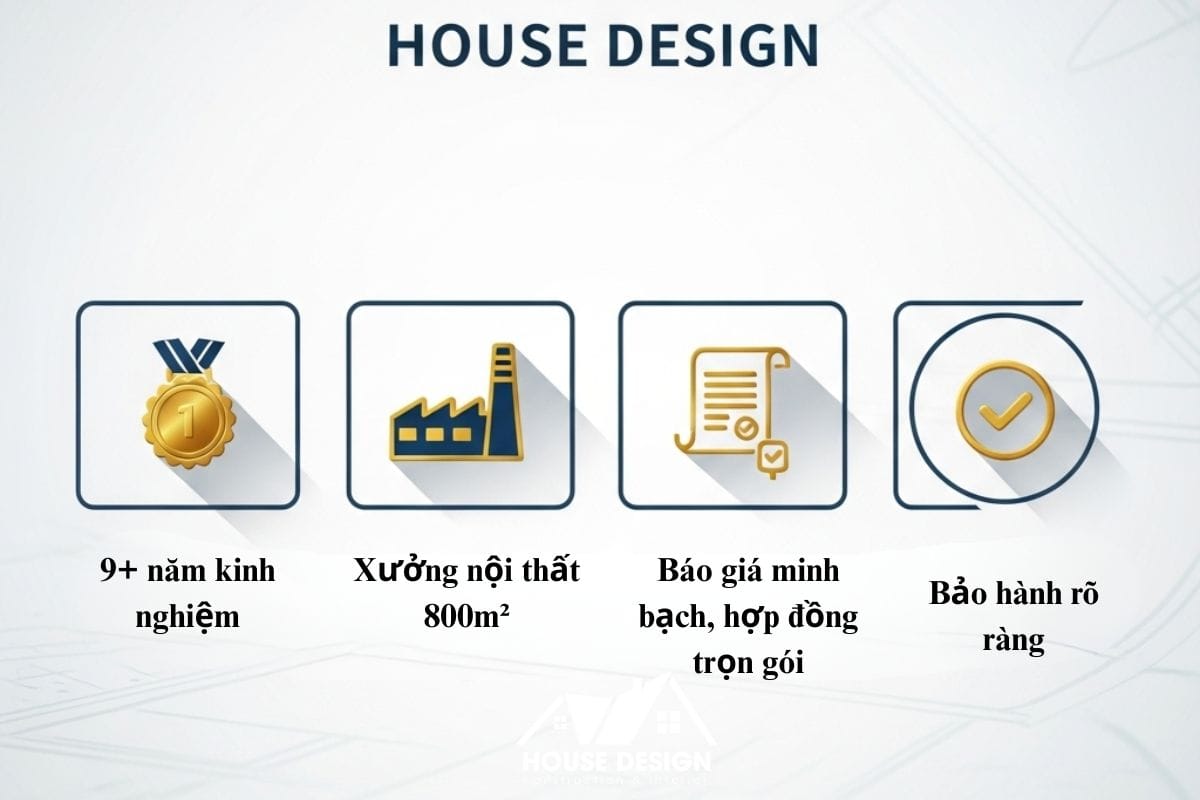 Đồ họa thể hiện các thế mạnh của House Design: 9+ năm kinh nghiệm, xưởng nội thất 800m2, báo giá minh bạch và bảo hành rõ ràng.