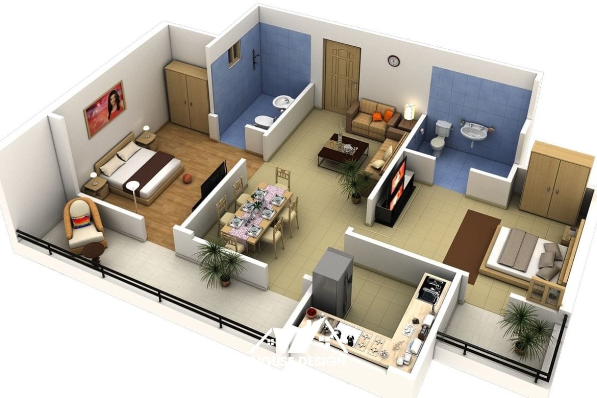 Bản vẽ mặt bằng 3D thiết kế tối ưu công năng cho căn hộ tập thể cũ diện tích 40m2.