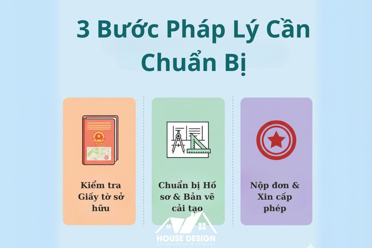 Infographic tóm tắt 3 bước pháp lý quan trọng cần chuẩn bị trước khi bắt đầu cải tạo nhà tập thể cũ.