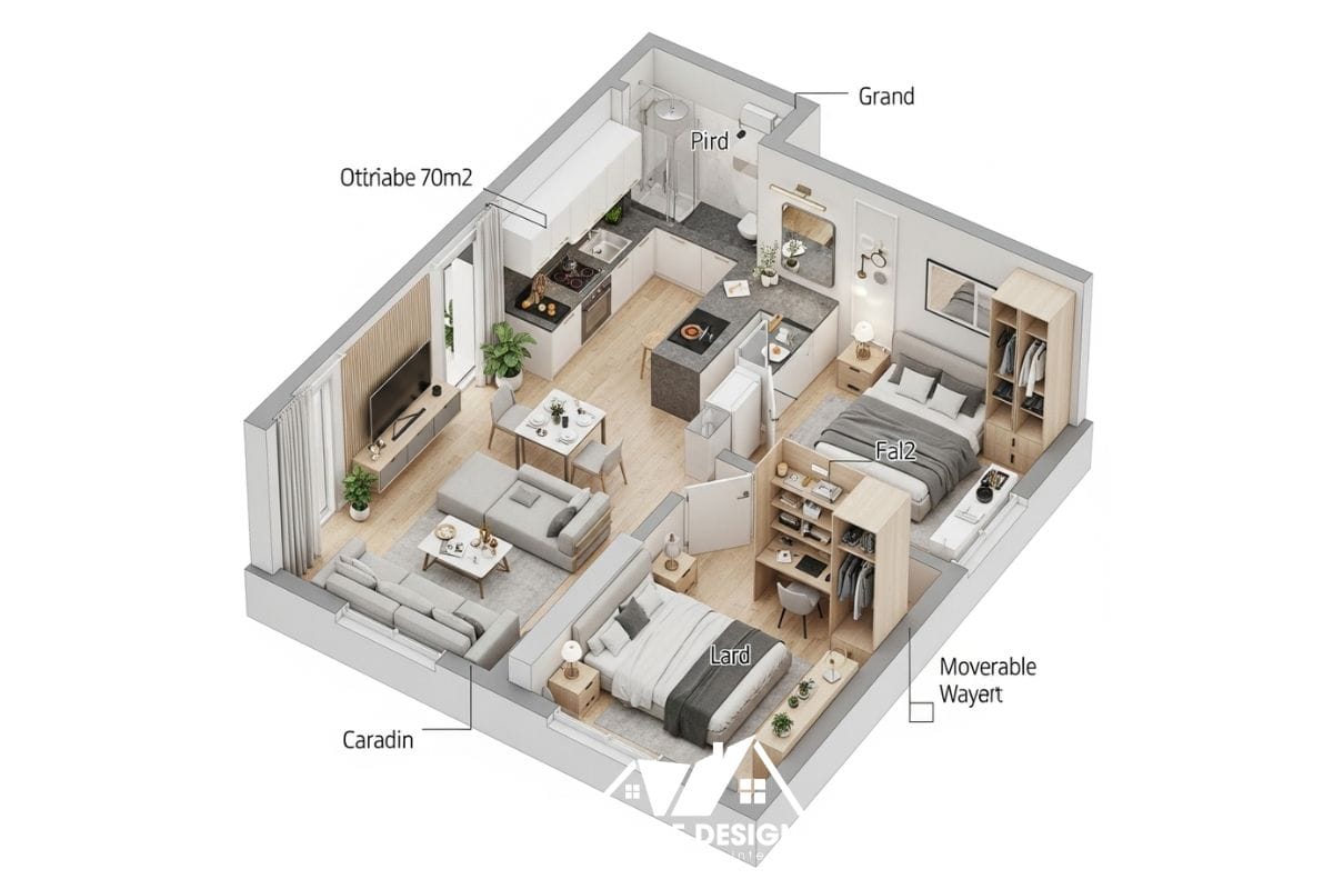 Thiết kế mặt bằng 3D sau cải tạo cho căn hộ tập thể 70m2 với 2-3 phòng ngủ và không gian làm việc.