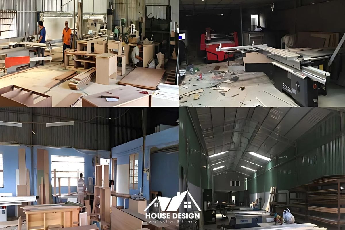 Xưởng sản xuất nội thất hiện đại của House Design, đảm bảo chất lượng cho các dự án cải tạo chung cư.