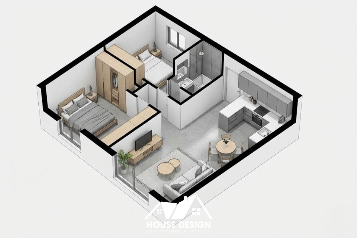 Bố trí mặt bằng 3D căn hộ 2 phòng ngủ 60m2 phong cách tối giản, cụm phòng ngủ liền kề.