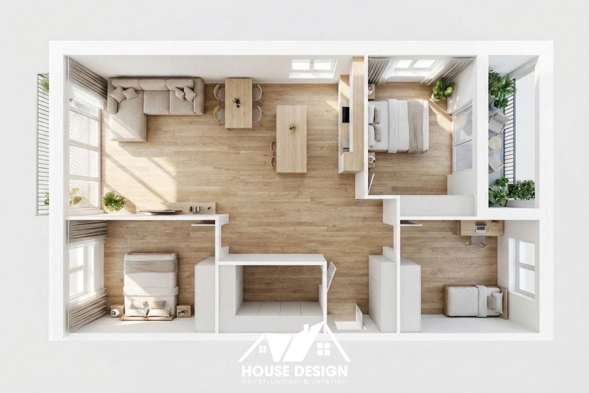 mô hình 3d mặt bằng căn hộ phong cách scandinavian tông màu trắng và gỗ sáng thoáng đãng