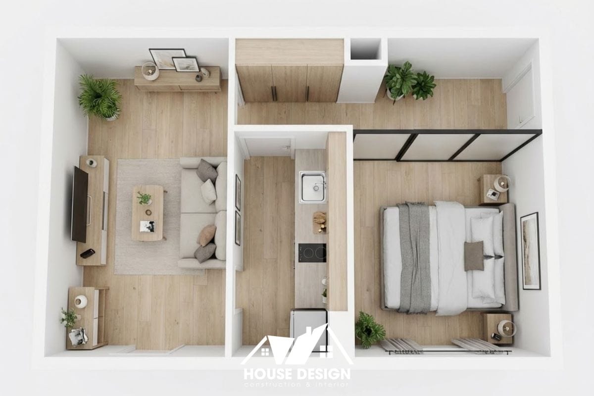 mô hình 3D mặt bằng bố trí nội thất căn hộ 30m2 có 2 phòng ngủ khoa học