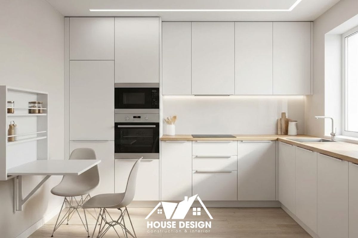 thiết kế bếp chữ I hiện đại nhỏ gọn kèm bàn ăn gập treo tường