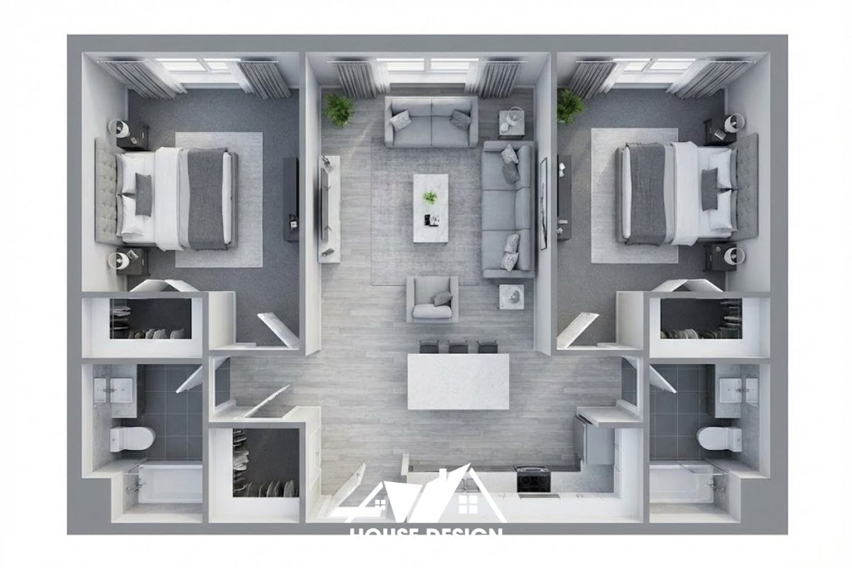 mô hình 3D căn hộ 2 phòng ngủ nằm hai bên phòng khách ở giữa