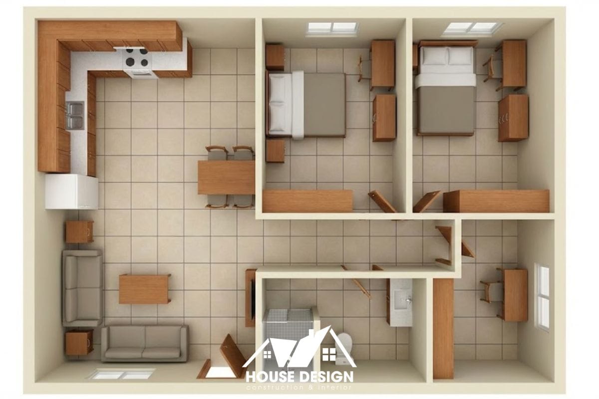 bản vẽ 3D căn hộ 2 phòng ngủ bố trí vuông vức truyền thống