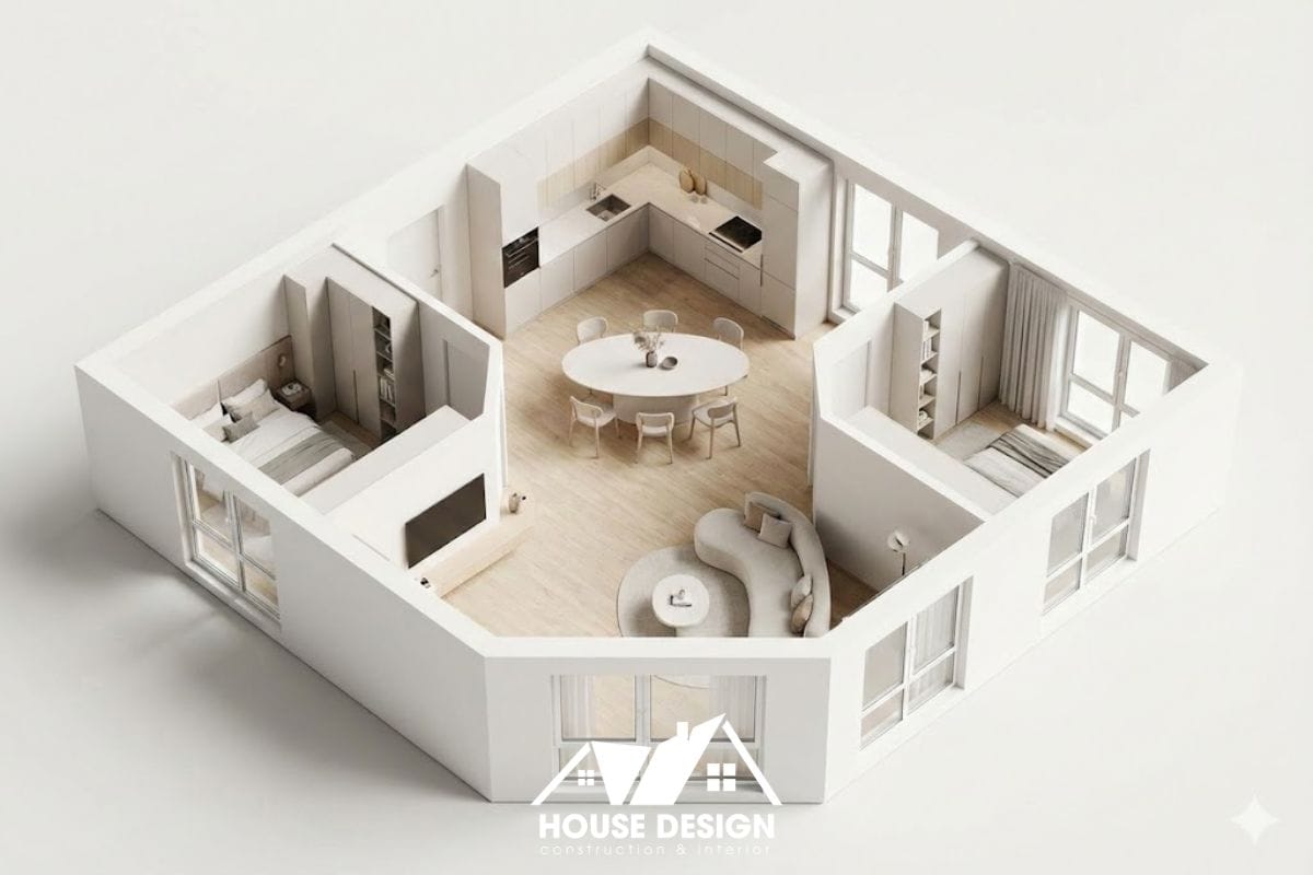 Sơ đồ 3D xử lý căn hộ 60m2 hình đa giác, phòng khách trung tâm và bếp chữ U.