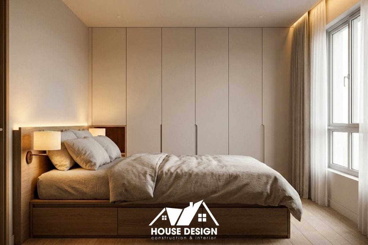 mẫu phòng ngủ nhỏ 7m2-10m2 với tủ âm tường và nội thất thông minh