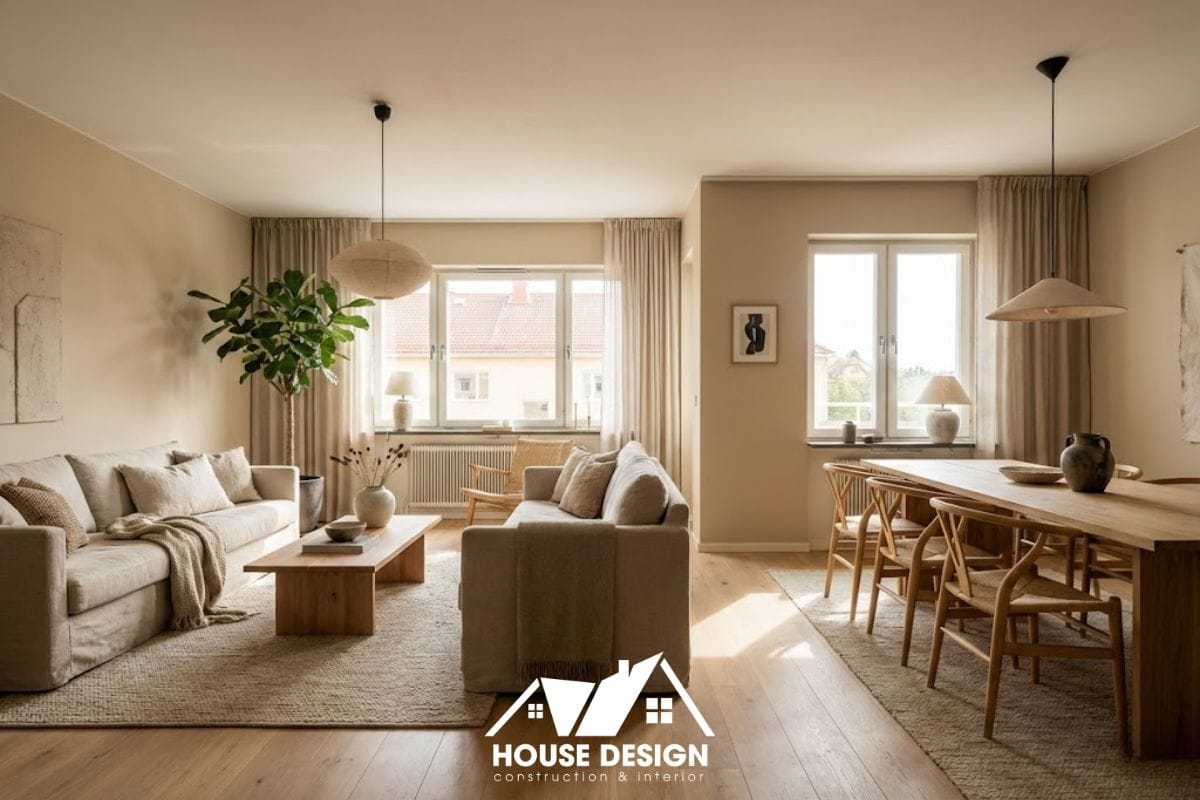 Không gian phòng khách căn hộ 60m2 sau khi cải tạo, thiết kế mở hiện đại và thoáng sáng