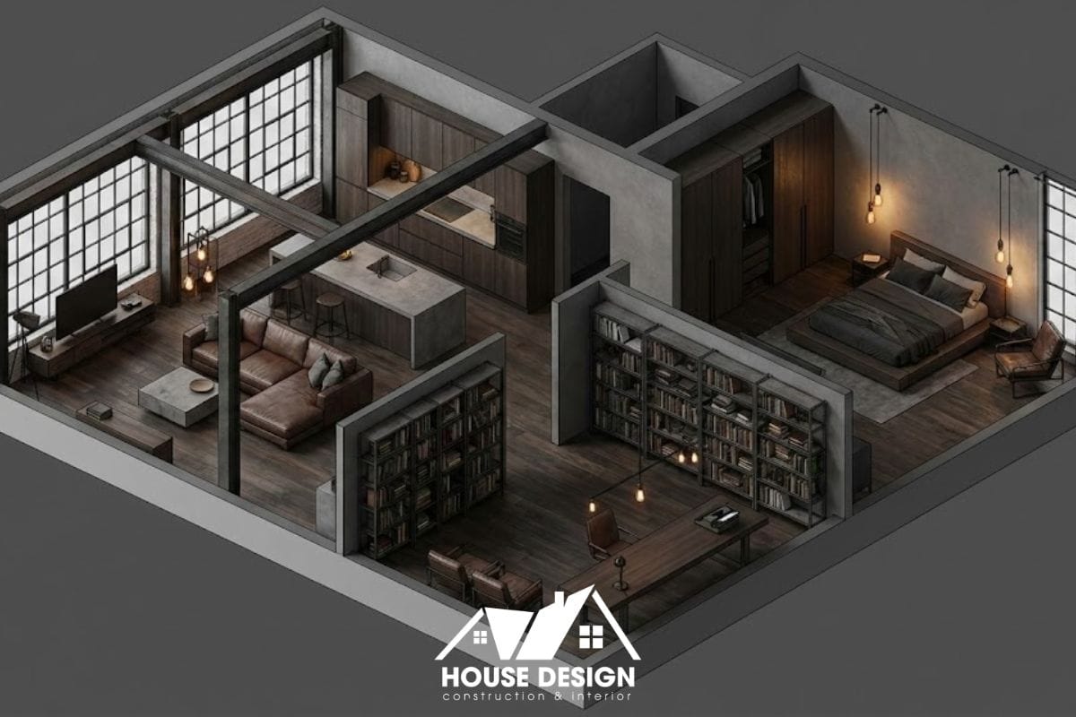 mặt bằng 3D căn hộ 1 phòng ngủ và 1 phòng làm việc chuyên biệ