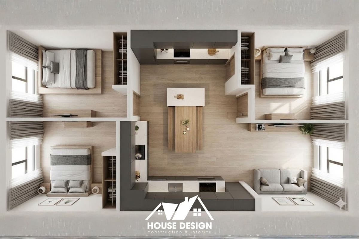 thiết kế mặt bằng căn hộ có bếp dạng song song ở giữa nhà