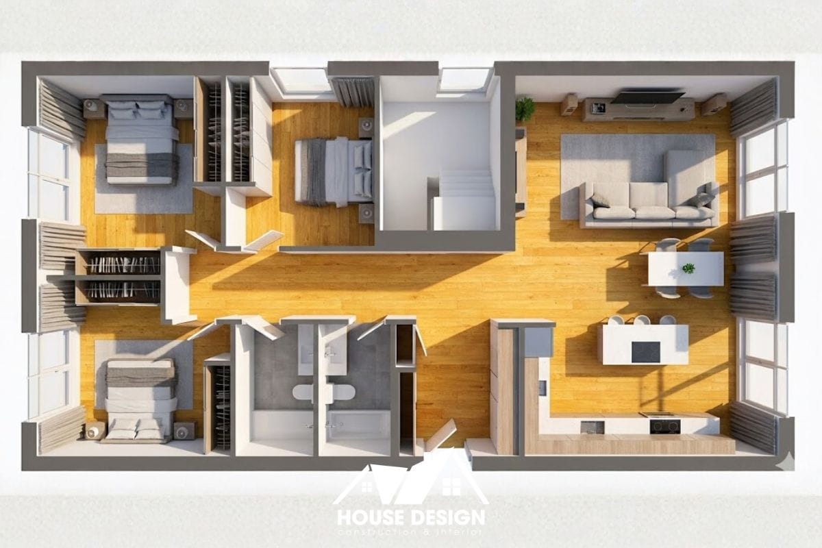 thiết kế 3D căn hộ 3 phòng ngủ có hành lang dài ở giữ